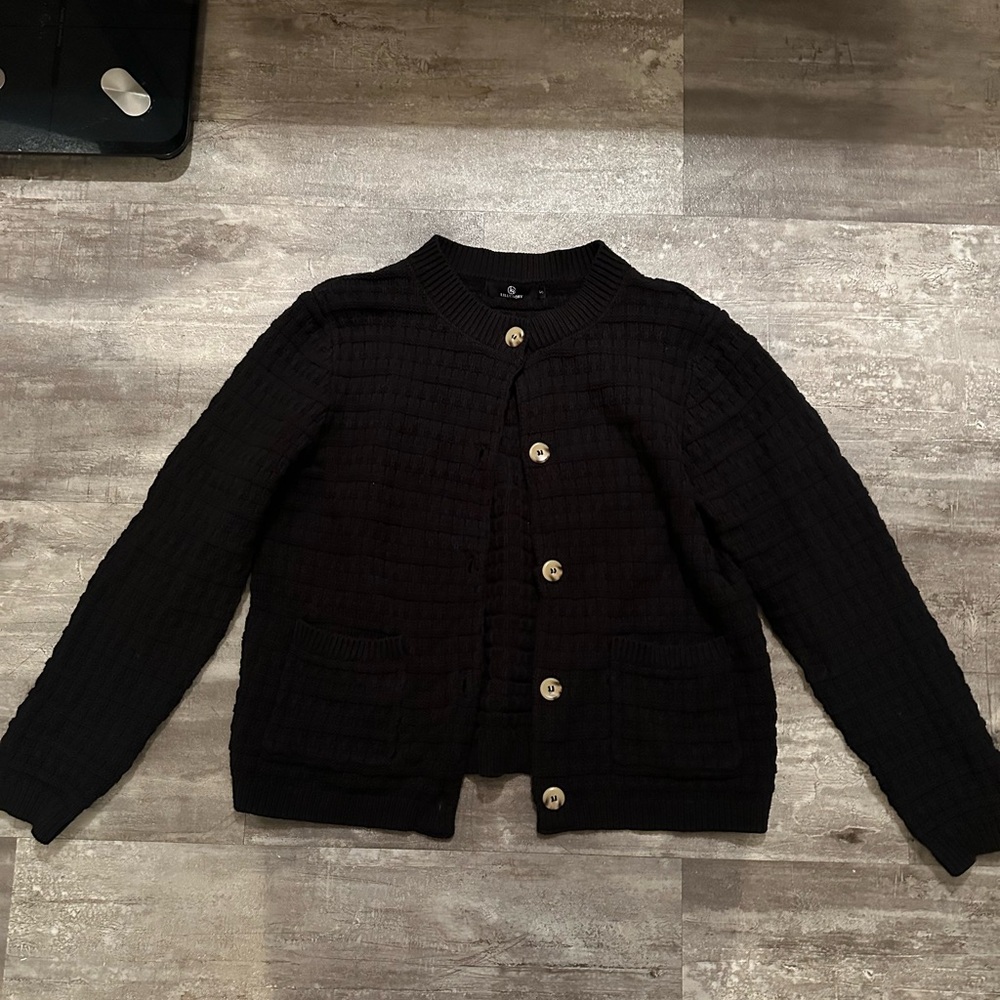 New Black Textured Button-Up Cardigan